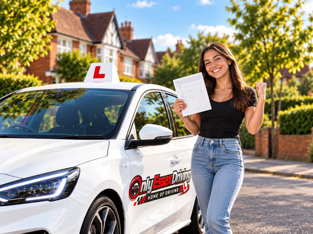 Illustrative image of a learner celebrating a driving test pass beside a white Only Essex Driving car